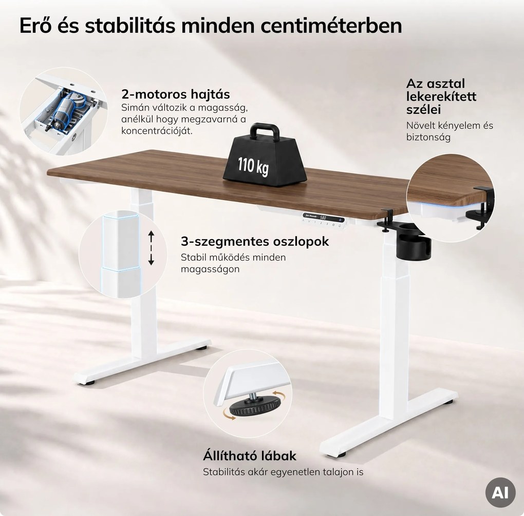 Elektromos, állítható magasságú, ergonomikus, fehér/dió íróasztal,1400x700 mm: ARIA