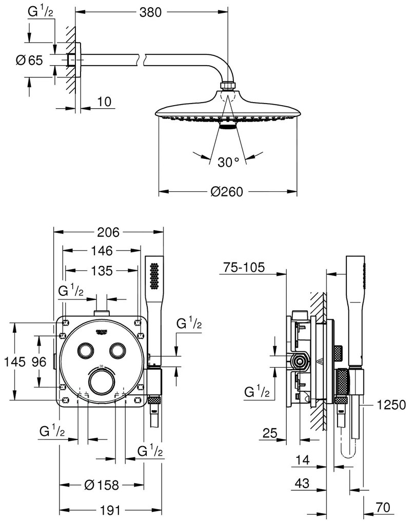 Grohe Grohtherm SmartControl, Tökéletes zuhanykészlet rejtett termosztáttal, 3 fúvóka, króm, 34744000