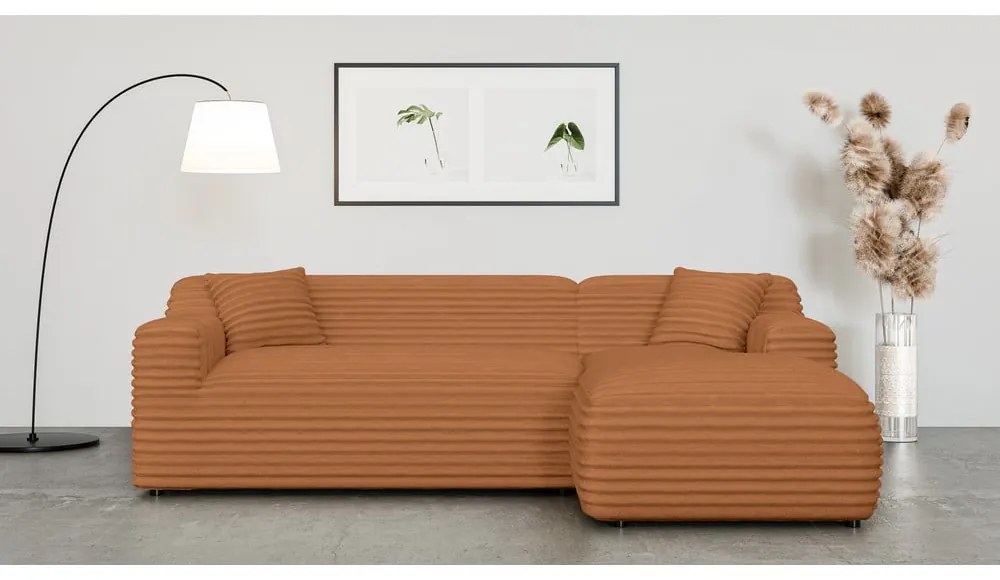 Terrakotta színű kordbársony sarokkanapé (jobb oldali-heverő résszel) Martin – Ropez