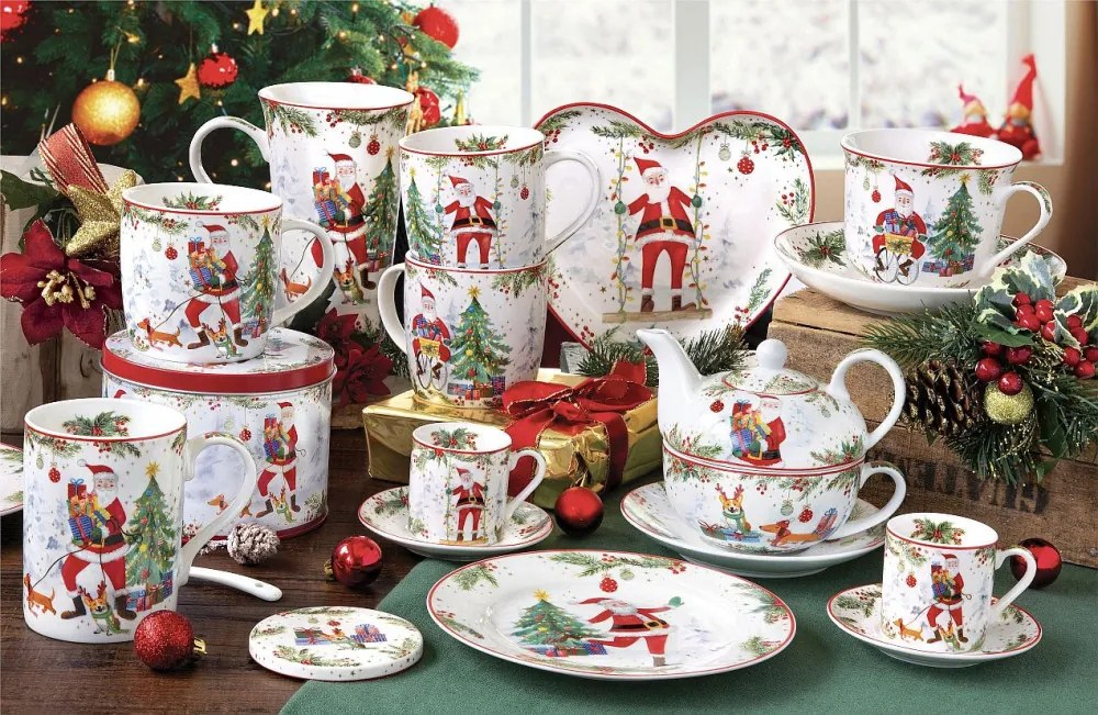 Joyful Santa porcelán karácsonyi kerek tortatál lapáttal, 32cm, díszdobozban