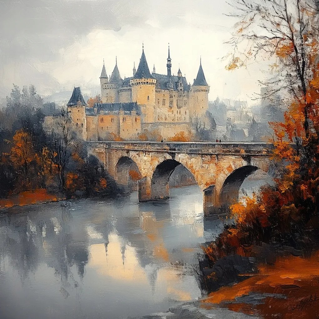 Vászonkép Canvas Tájkép Építészet Kastély Híd Folyó Ősz 80x80