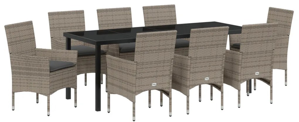 9 Fős Kerti Étkezőgarnitúra Párnákkal Szürke Poli Rattan, Kerti Asztal Fekete 200x80x73 cm Edzett Üveg