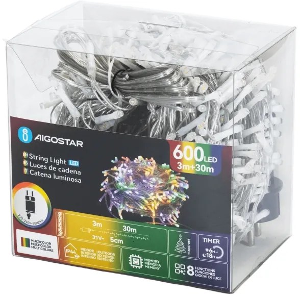 Aigostar - LED RGBY kültéri karácsonyi fényfüzér, 600 LED / 6 W / 230 V, 30 m, IP44
