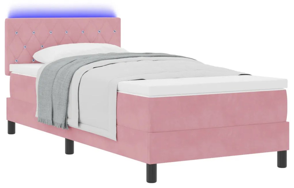 Boxspring Ágy Matrac és LED Rózsaszín 90x190 cm Bársony