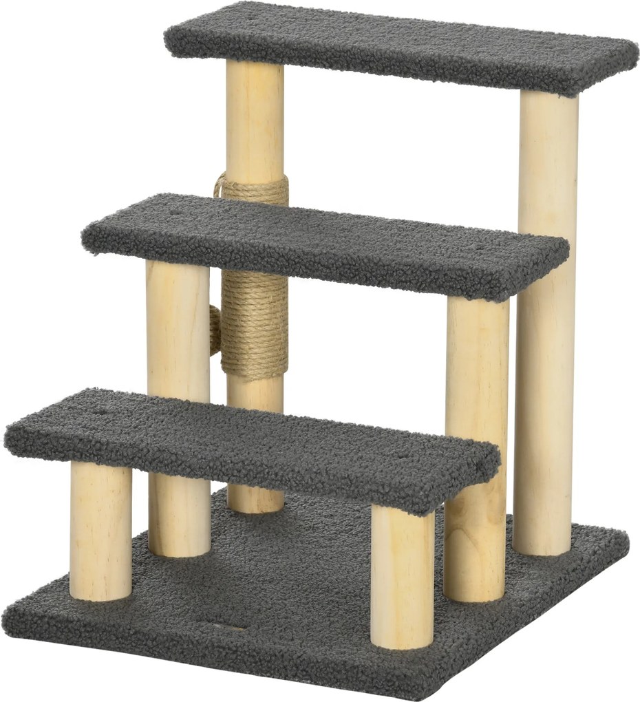 PawHut 3-Lépcsős Macska Lépcső, 48 cm Macska Lépcső Zsindelyoszlopal, Kutyás Lépcső Játszóballal, Belépési Segédeszköz Magas Ágyakhoz, Fenyőfa, Szürke
