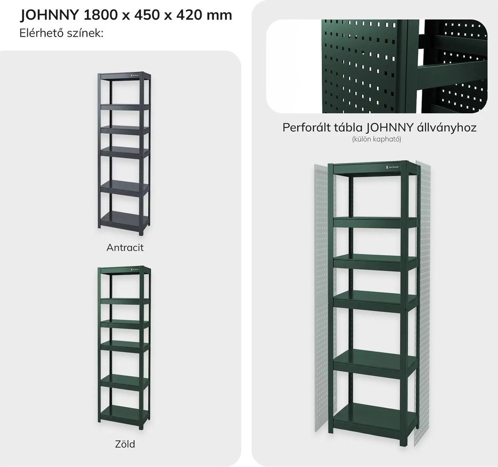 Keskeny fém polc zöld: JOHNNY, 1800 x 450 x 420 mm