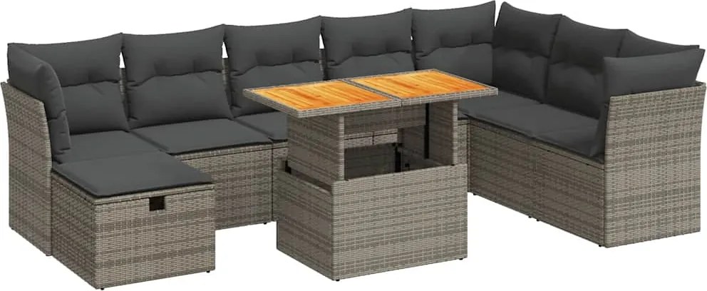 vidaXL 9 részes szürke polyrattan akácfa kerti ülőgarnitúra párnákkal