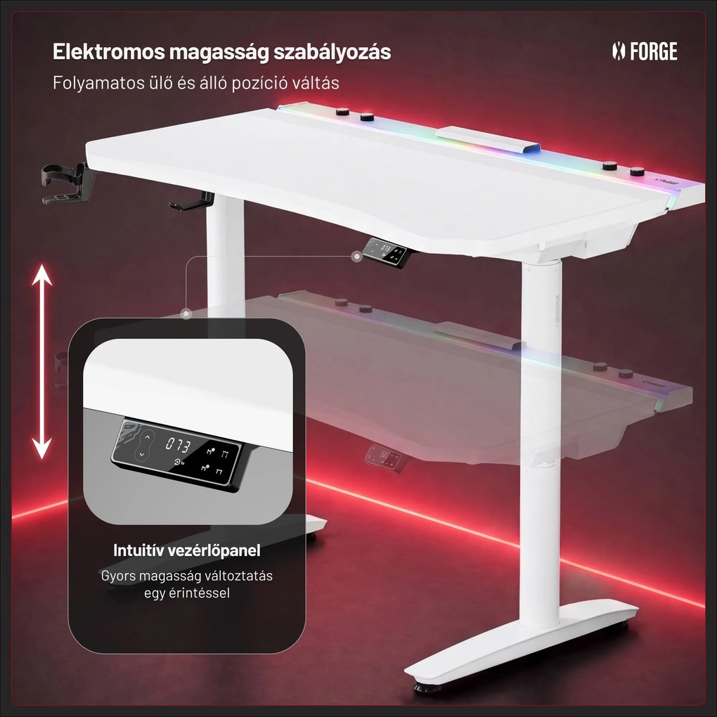 Elektromos RGB gamingasztal tartókkal, fehér, 160 cm: Diablo X-Forge 1600