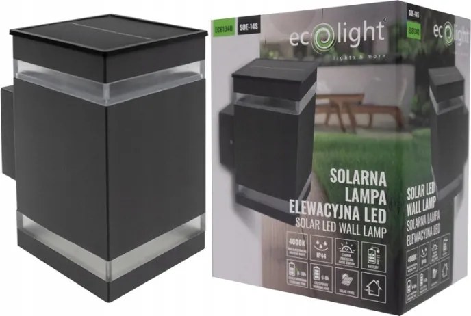 Napelemes Homlokzati Lámpa Kerti Fali Lámpa Led SOE-14S IP44 Fekete Szürke