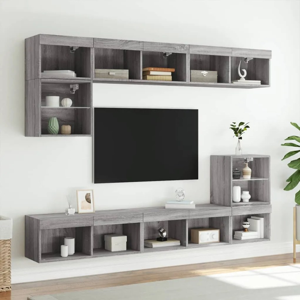 2 db szürke sonoma színű TV-szekrény LED-ekkel 80x30x30 cm