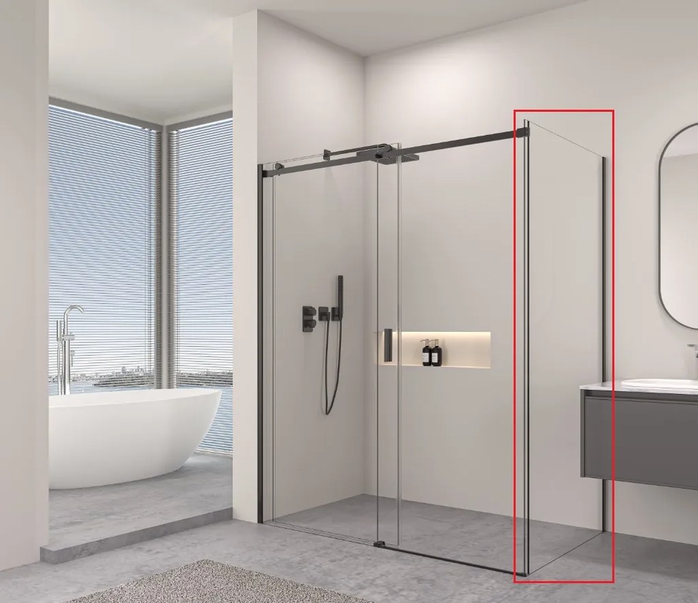 Erga Lynn, tömör fal zuhanyzóhoz 80x195 cm, 8mm átlátszó üveg, fekete profil, ERG-V02-LYNN-G080-CL-BK