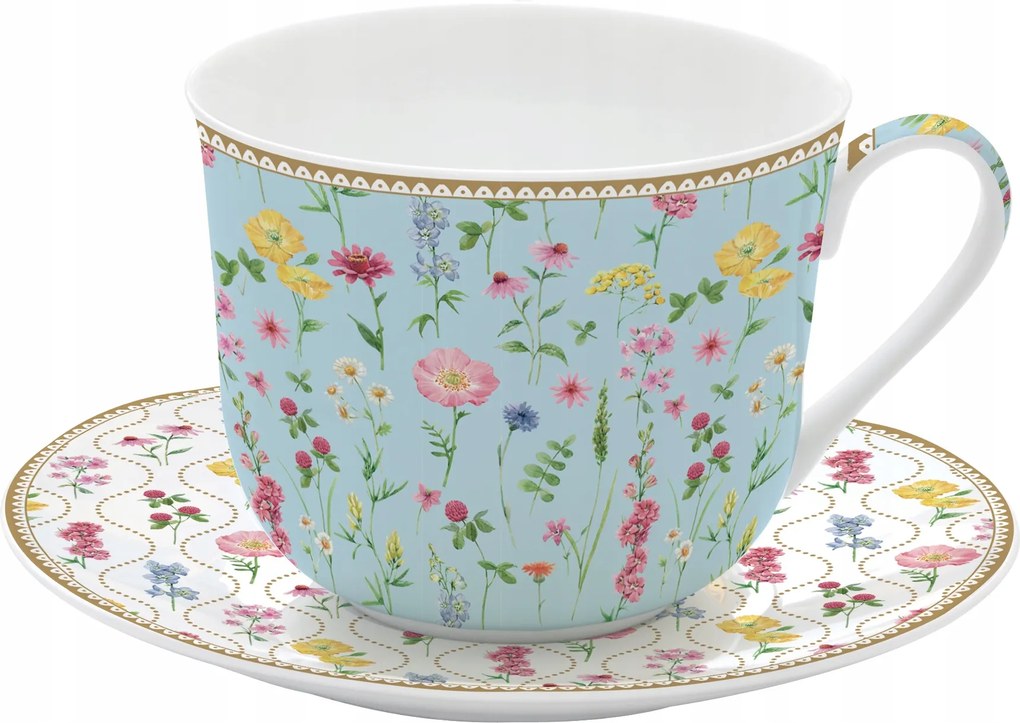 Csésze nagy szimpla 400ml csészealj virág motívum színes ajándék