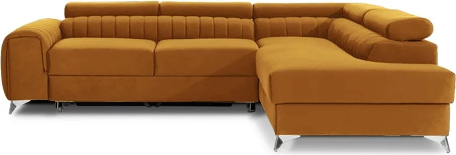 Sárga bársony kinyitható-tárolóhelyes sarokkanapé (jobb oldali-L alakú) Laurence – ELTAP