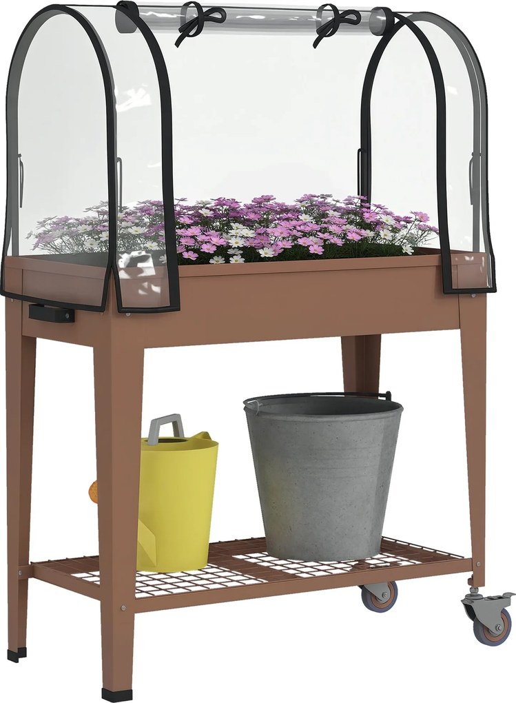 Outsunny Kerekes Magaságyás 80x40x120 cm Emelt Városi Kert Üvegház Fedéssel és Alsó Polccal Növények, Virágok, Zöldségek Neveléséhez Barna | Aosom