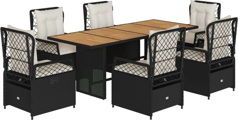 vidaXL 7 részes fekete polyrattan kerti étkezőgarnitúra párnával