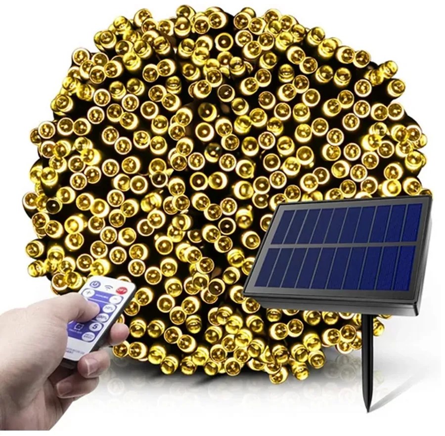 16 m-es 800 LED-es BOA fényfüzér, hybrid tölthető-napelemes, meleg fehér, 8 világítási mód, időzíthető, távvezérlővel