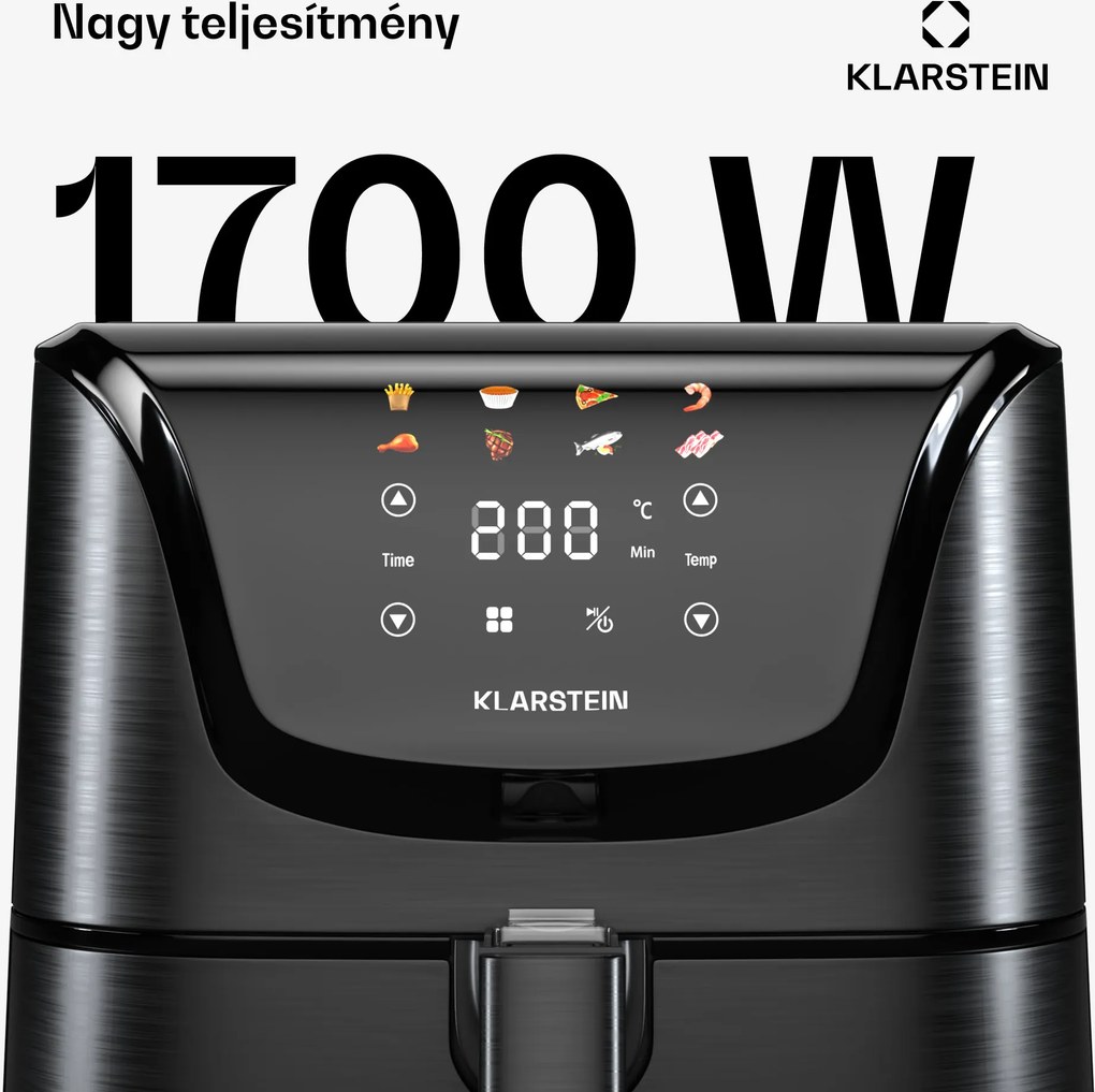 Klarstein AeroVital Deluxe forrólevegős fritőz, 1700 W, 8 program, tartozékokkal együtt, 200°C, Időzítő