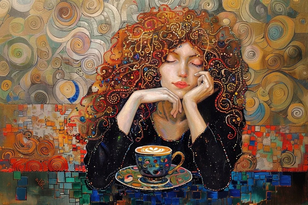 Vászonkép Canvas Portré Vörös Nő Lány Kávé Klimt 120x80