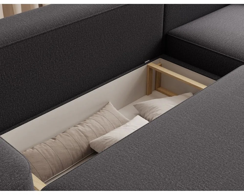 Sötétszürke zsenília kinyitható-tárolóhelyes sarokkanapé (jobb oldali-heverő résszel) Aurumm – ELTAP