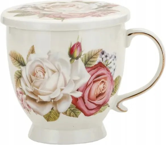 Befőző bögre porcelán fedél csészealj szűrő 500ml fehér rózsa