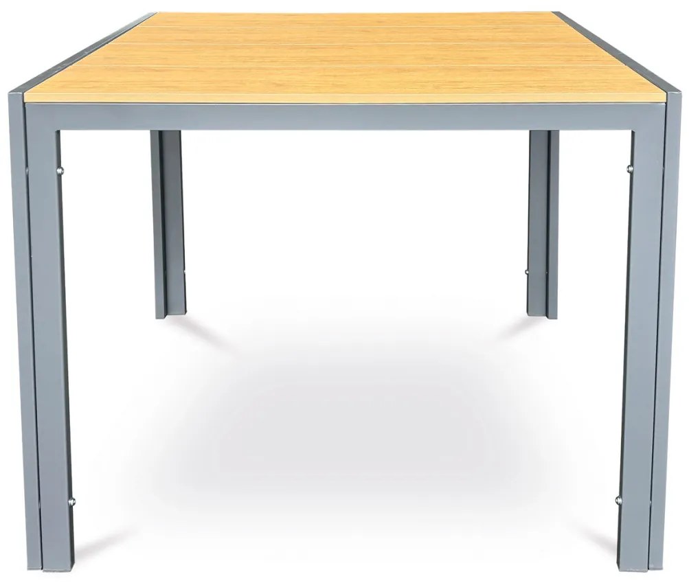 Masă de grădină 90x90x73 cm, blat din polywood decor stejar, structură metalică gri