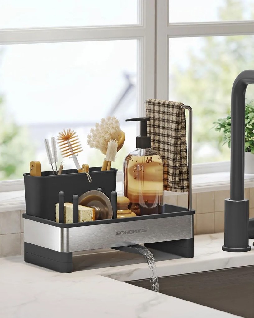 SINK mosogató rendszerező csepegtetővel, ezüst/fekete SongmicsHome