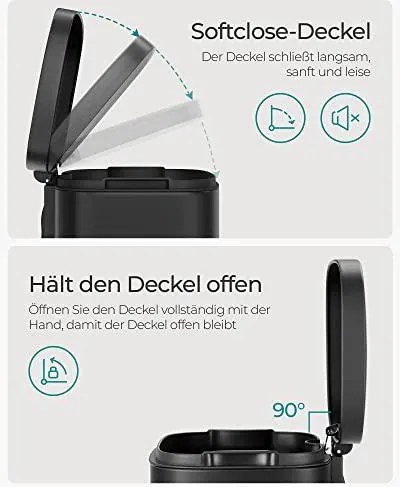 30 literes pedálos szemetes, acél, belső vödörrel, halk záródású fedéllel, fekete