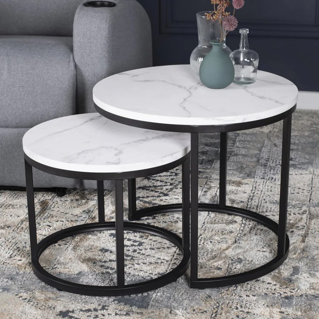 Set de măsuțe de cafea din MDF cu aspect de marmură albă, DAFNE