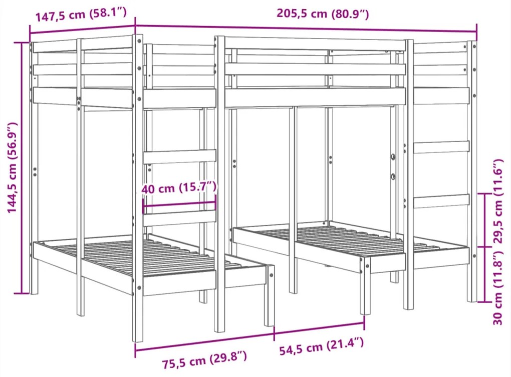 tömör fenyőfa tripla emeletes ágykeret 140x200/70x140 cm