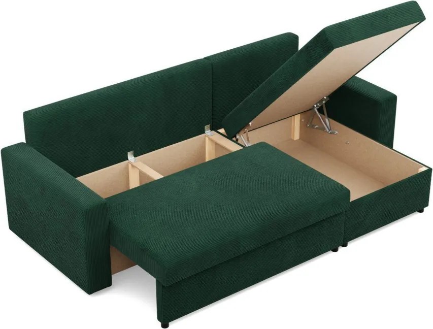 Zeus sarokkanapé, 2 ágyneműtartóval, egyenes kartámasz, kordbársony, univerzális oldal, hab töltet, zöld