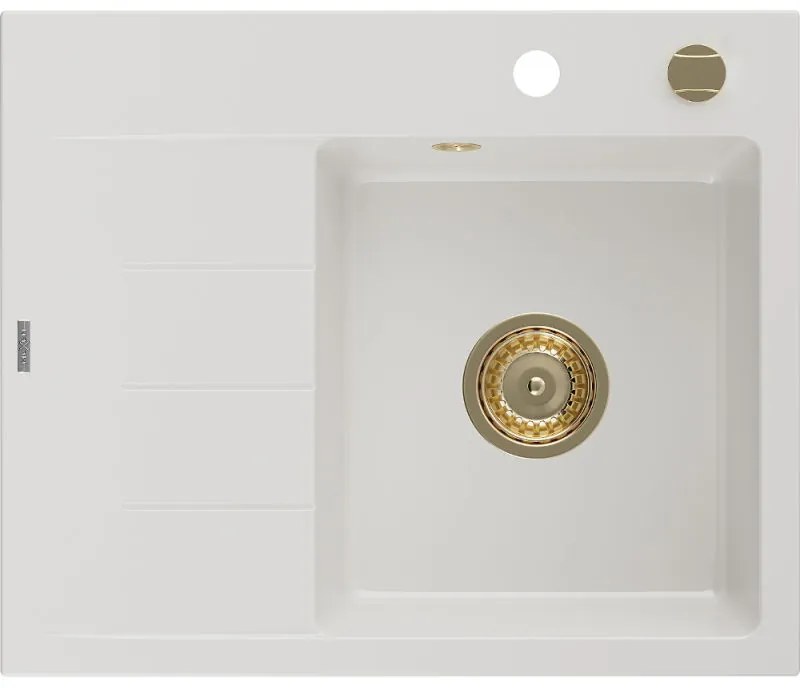 Mexen Ben gránit mosogató egy tálcás lecsöpögtetővel, jobb oldali 600 x 500 mm, fehér, arany szifonnal - 6523605000-20-G