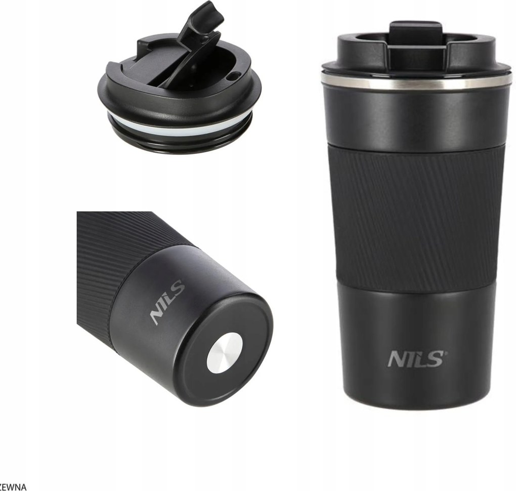 Fekete acél túra termo bögre csúszásgátló Nils 510ml