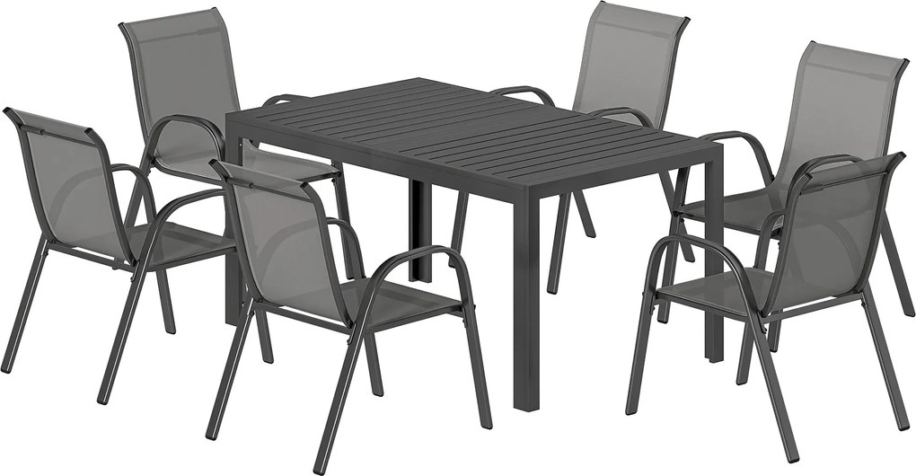 Outsunny 7 részes kerti étkezőgarnitúra — téglalap asztal és 6 egymásra rakható Textilene szék, világosszürke | Aosom