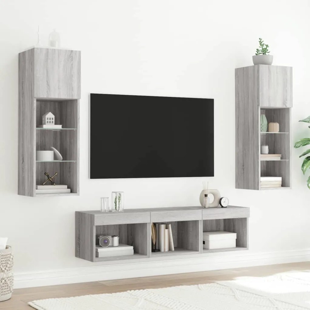5 darab szürke sonoma színű szerelt fa fali TV-bútor LED-del