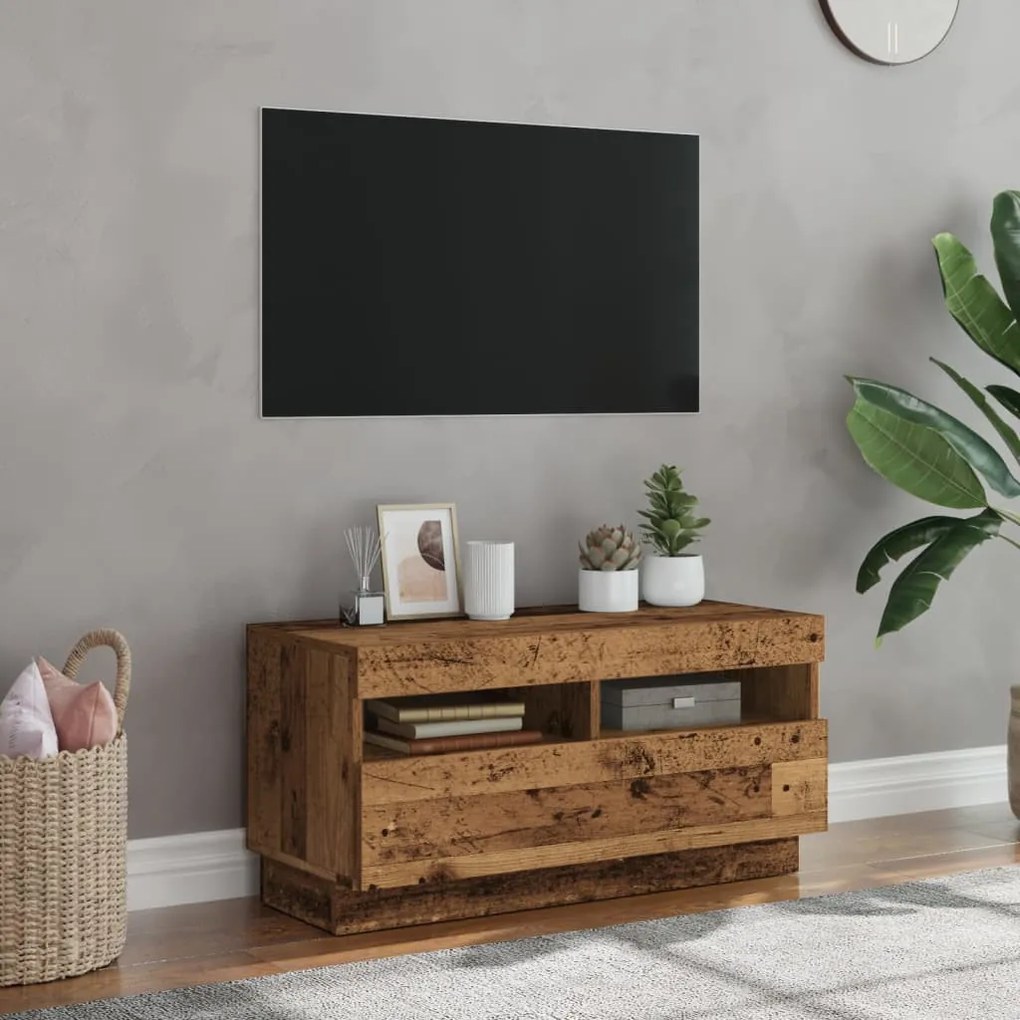 antik fa színű szerelt fa TV-szekrény LED-ekkel 80x35x40 cm
