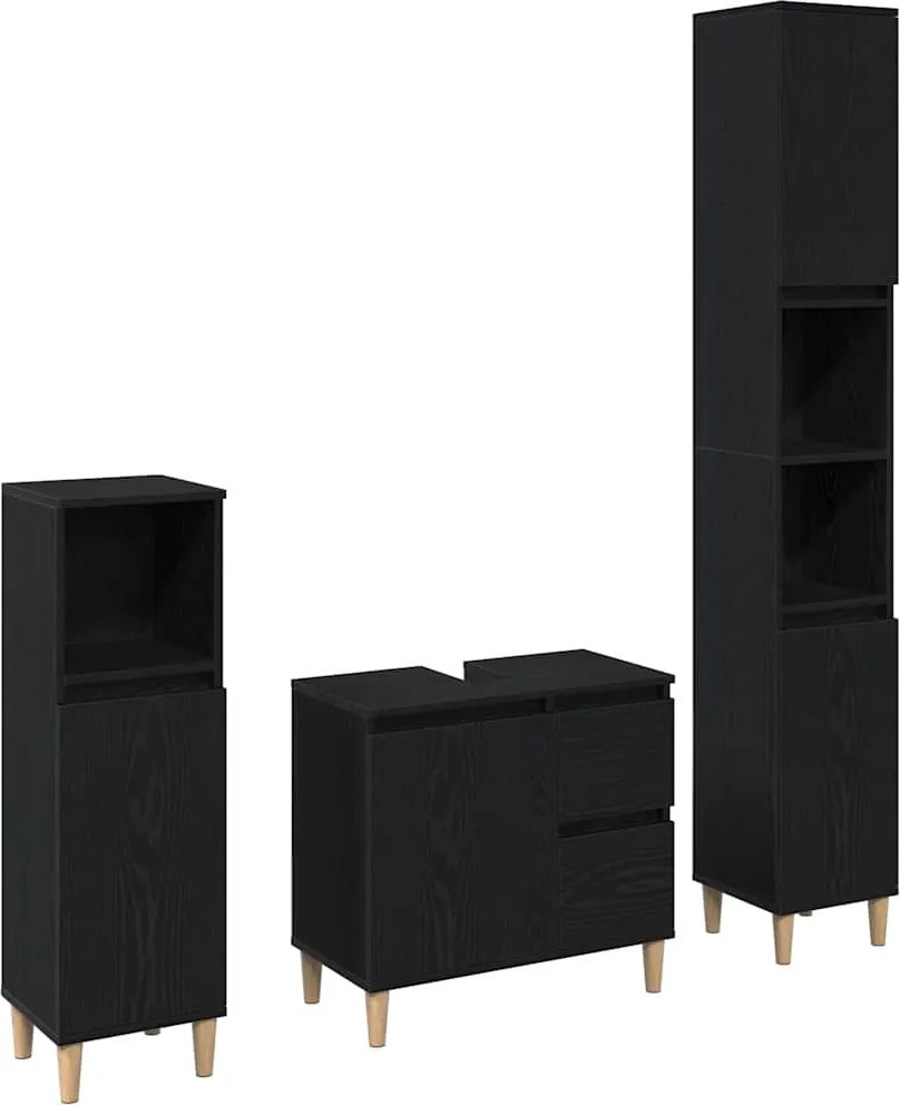 vidaXL Fürdőszoba bútor szett 3 pcs Fekete tölgy Mérnöki fa és fém
