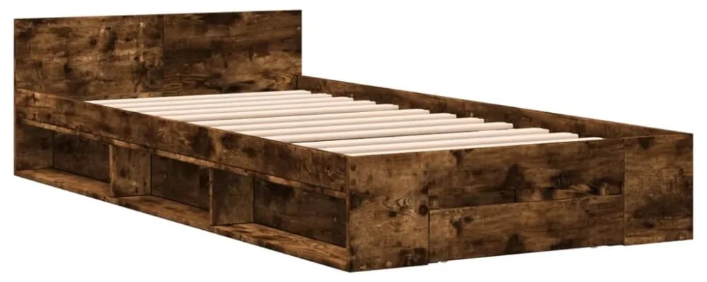 füstös tölgy színű szerelt fa ágykeret fiókkal 90 x 200 cm