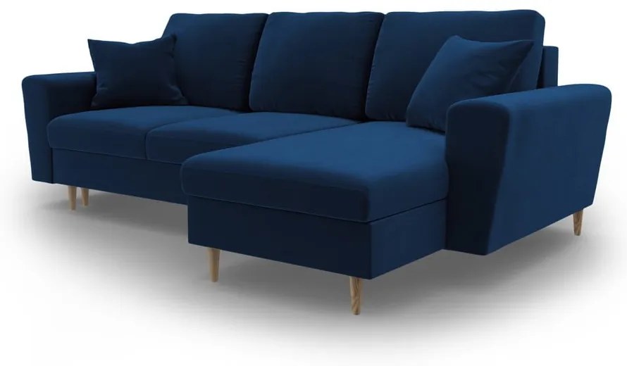 Kék bársony kinyitható tárolóhelyes sarokkanapé Kyoto – Cosmopolitan Design