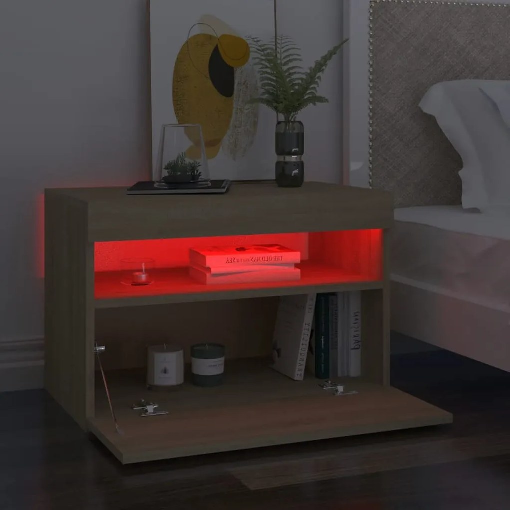 2 db sonoma tölgyszínű éjjeliszekrény LED-lámpákkal 60x35x40 cm