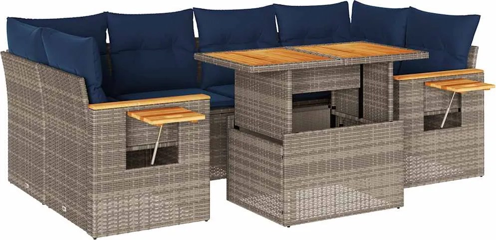 vidaXL 7 részes szürke polyrattan kerti ülőgarnitúra párnákkal