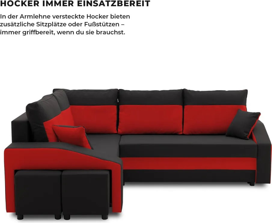 Grande sarokkanapé polcokkal és puffokkal , polc a jobb karfaban puffok a bal karfaban, baloldali, szövet anyag, bonell töltet, fekete - piros