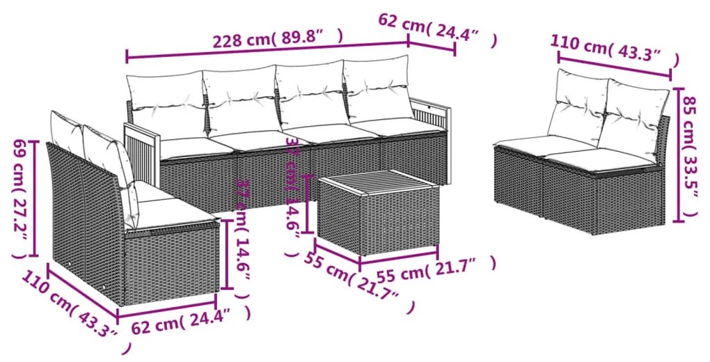 9 részes fekete polyrattan kerti ülőgarnitúra párnákkal