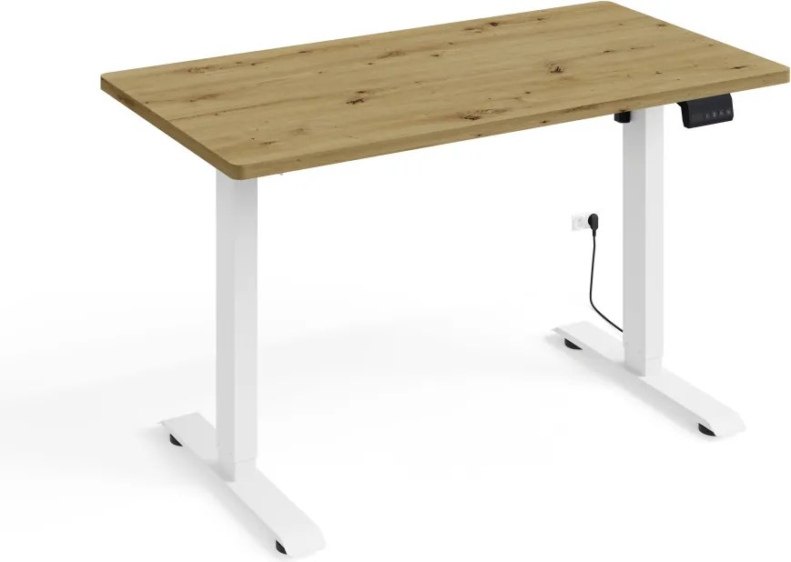 BIMotion iroda-/gamerasztal, elektromosan állítható magassággal, intelligens vezérlővel, artisan tölgy színben, fehér lábakkal 120x65