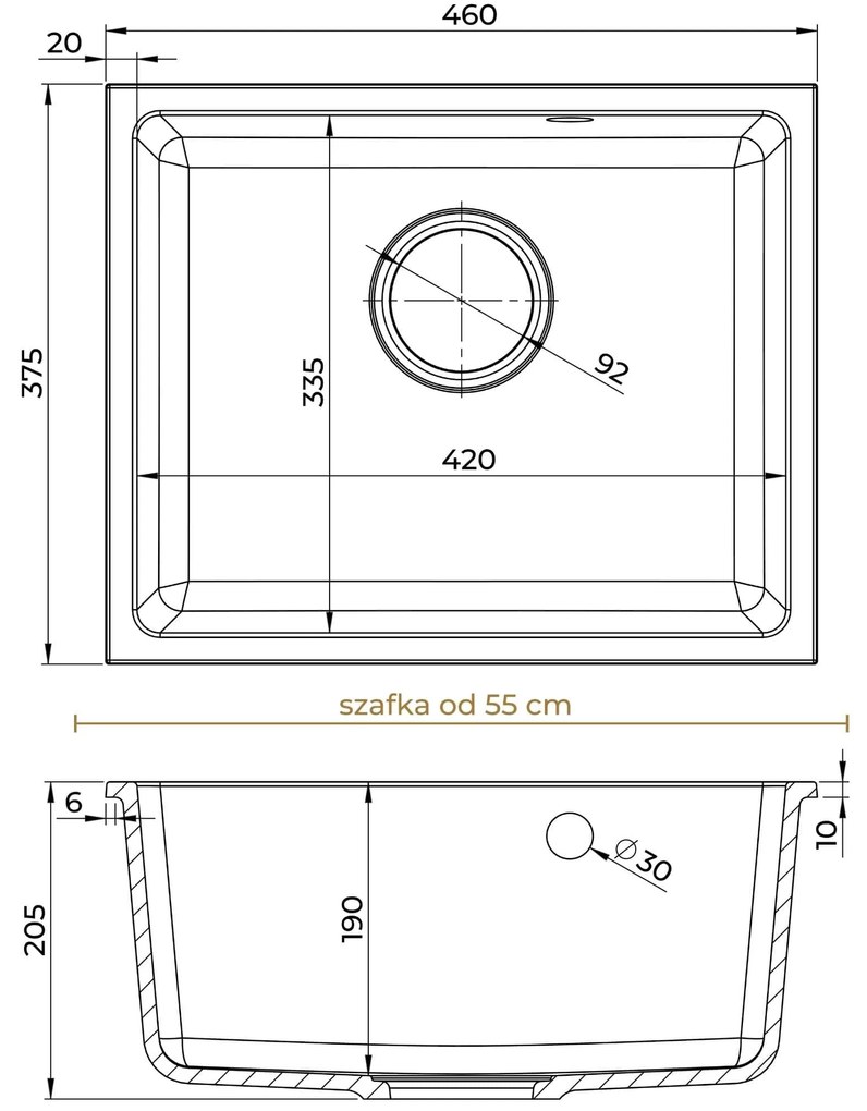 Mosogató minőségi Crypton 55, konyhai gránit mosogató 460x375x205 mm + arany szifon, fekete foltos, SKQ-CRY.B.1KBO.55.XG