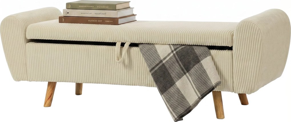 HOMCOM 73 L Storage Bench, 59 x 17.7 x 20 in (150 x 45 x 51 cm), Upholstered Corduroy Velvet with Armrests and Hevea Wood Legs, Beige | Aosom