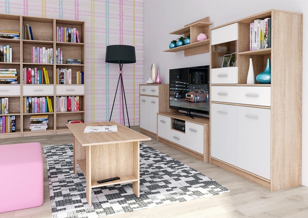 Vitrines szekrény 2D1W1S/80, fehér/tölgy sonoma, TEYO