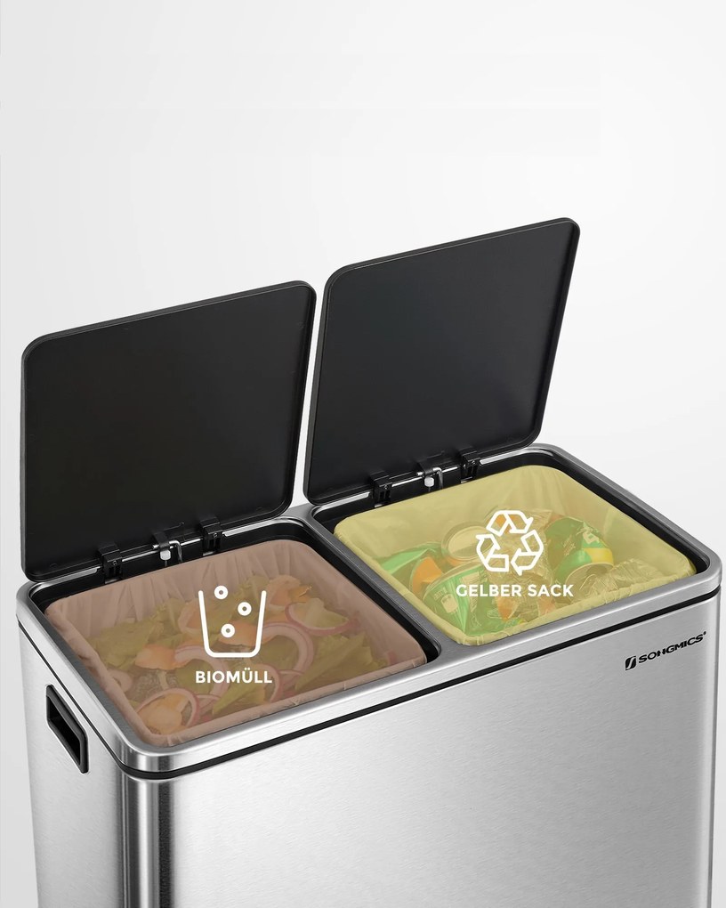 SORT hulladékgyűjtő tartály, 2x30l + hulladékgyűjtő zsákok, ezüst/fekete Vasagle