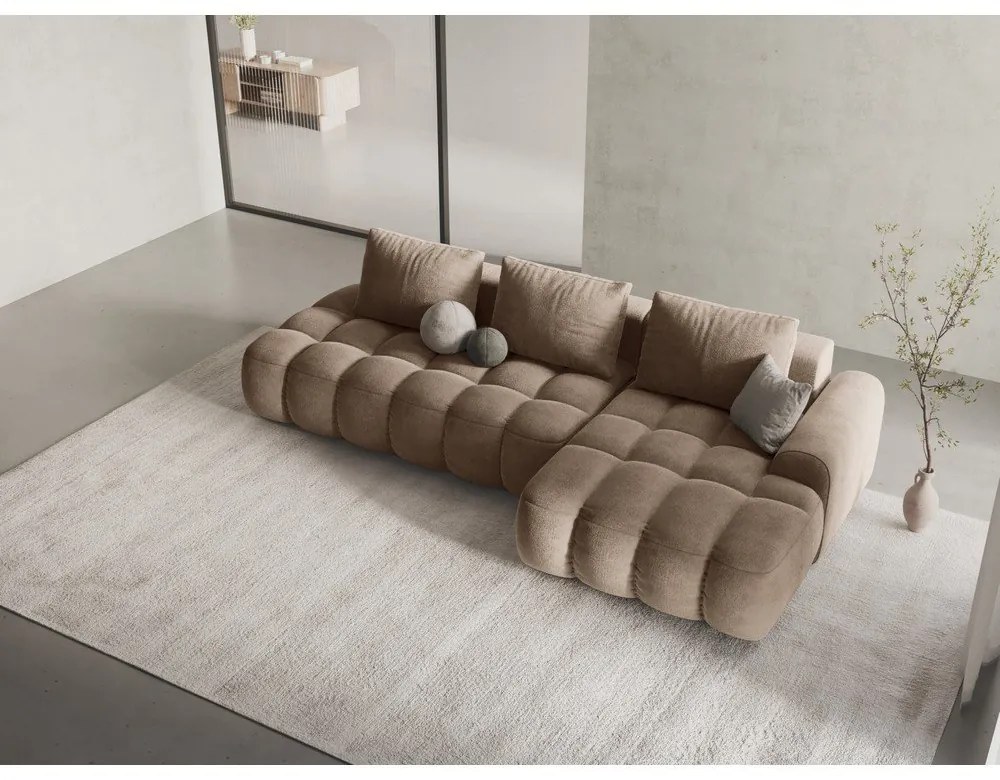 Világosbarna bársony kinyitható-tárolóhelyes sarokkanapé (jobb oldali-heverő résszel) Linz – Cosmopolitan Design