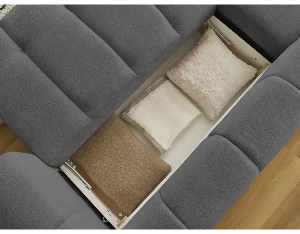 Sötétszürke kinyitható-tárolóhelyes sarokkanapé (bal oldali-heverő résszel) Fuji – Bobochic Paris