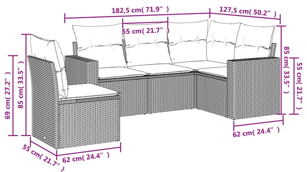 5 részes fekete polyrattan kerti kanapészett párnákkal